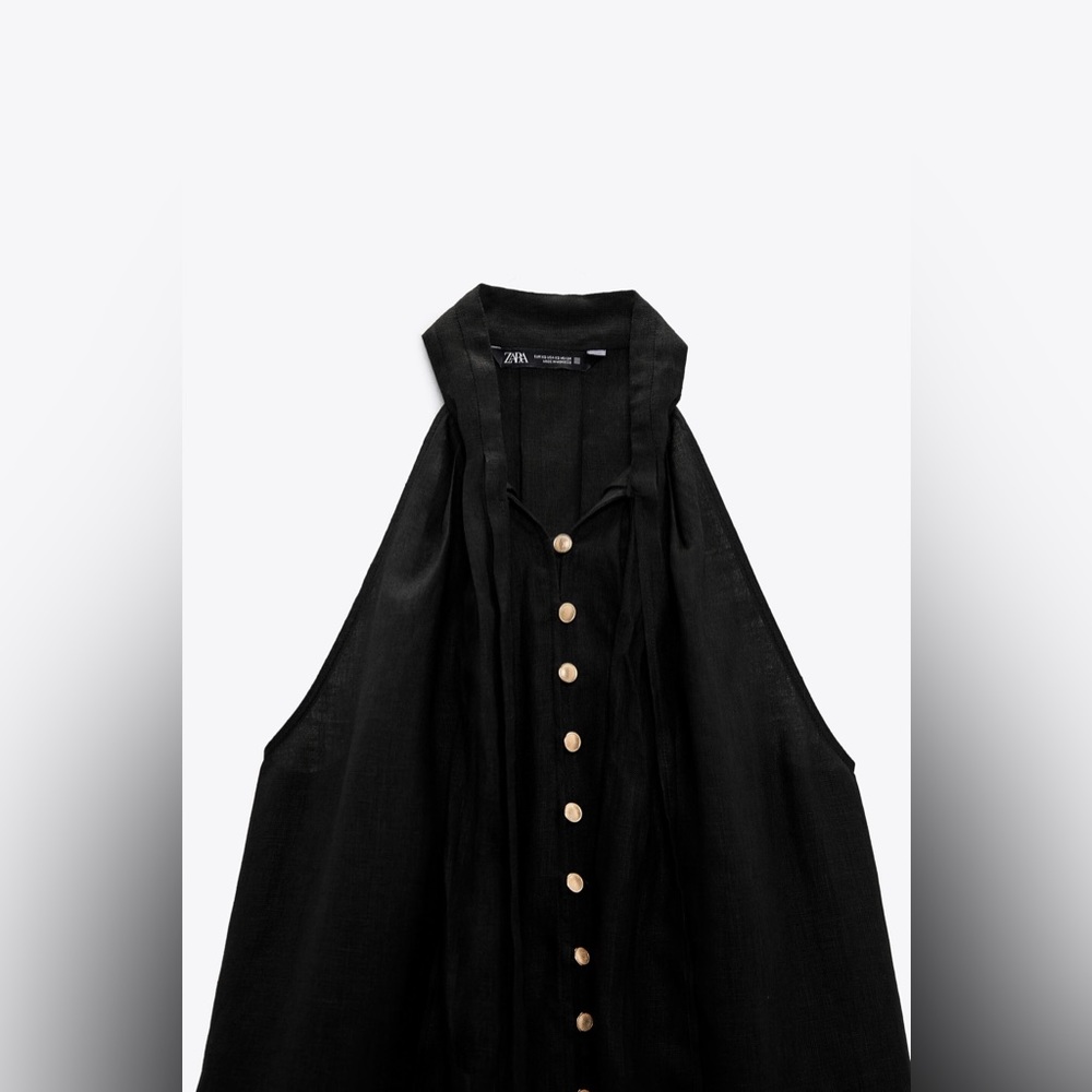 Zara Black 100% Linen Button Down High Neck Blouse NWT - Picture 6 of 10